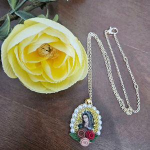Handmade Virgin Of Guadalupe Swarovski/Pearl Pendant Necklace